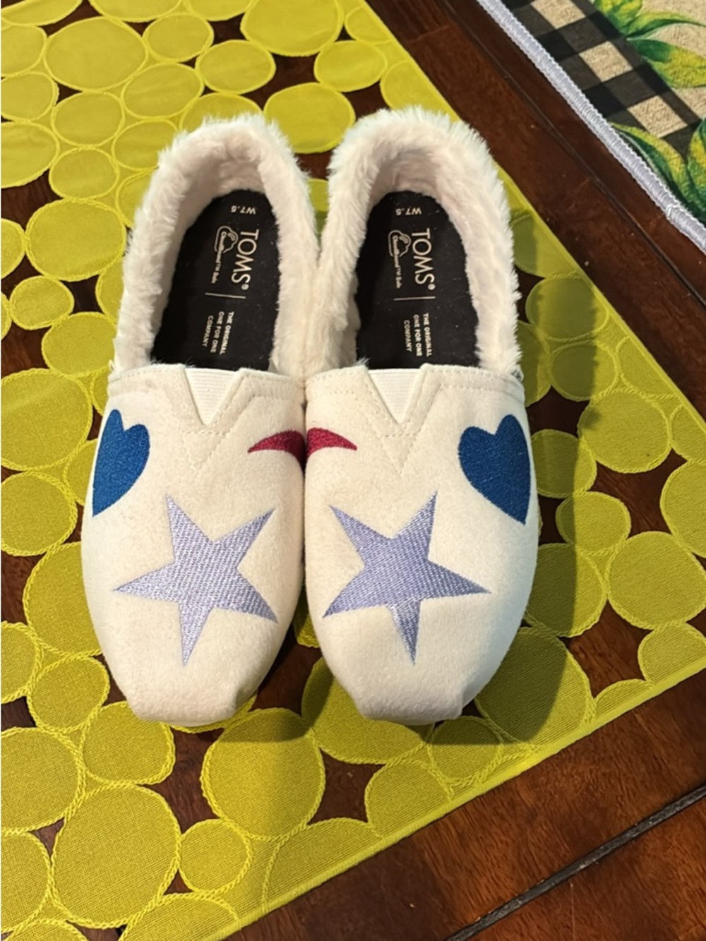 TOMS white Faux-Fur Lined Slip-on Slippers with star, moon, and heart.